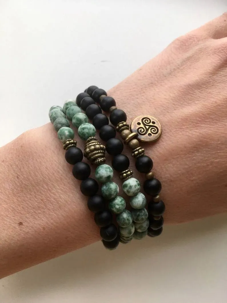 108 Bead Mala in Shungite, Tree Agate, Lotus Mala Necklace (convertible to Bracelet)