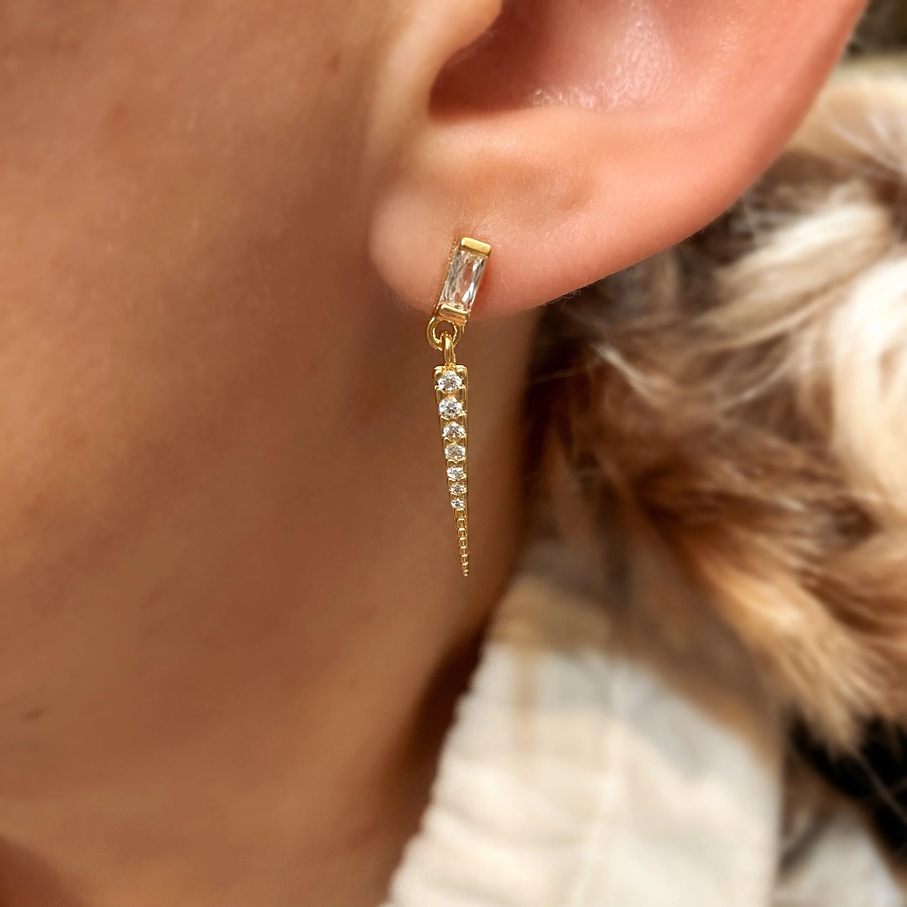 18k Gold Filled Earrings Featuring Baguette Cubic Zircon With Spike Drop