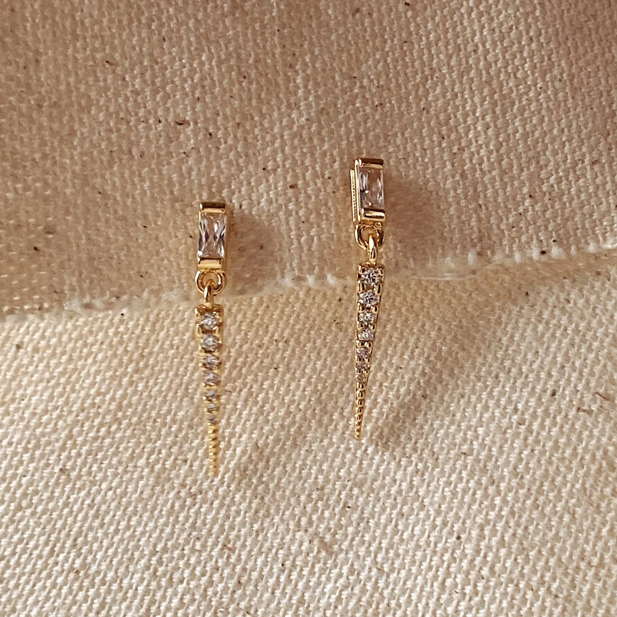 18k Gold Filled Earrings Featuring Baguette Cubic Zircon With Spike Drop