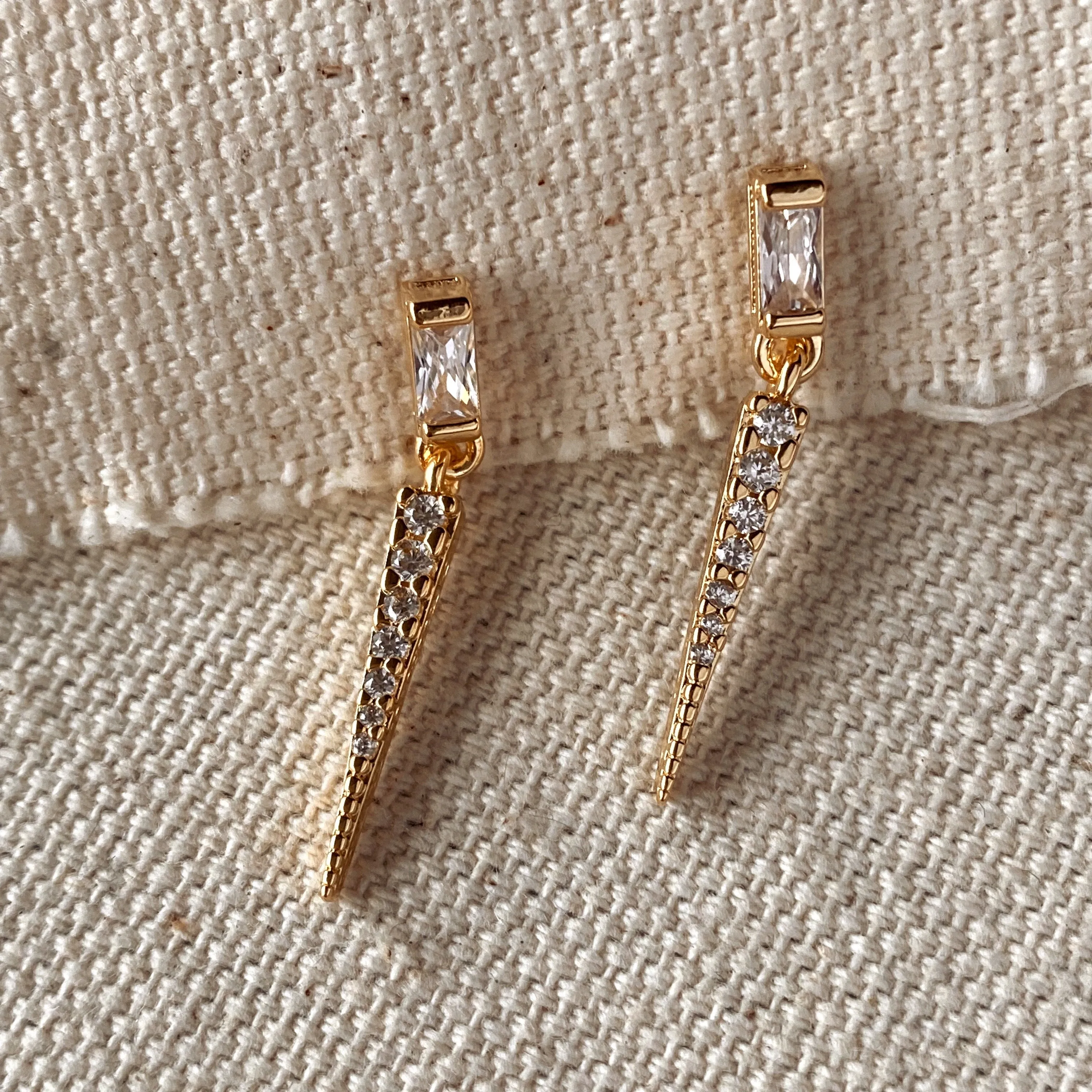 18k Gold Filled Earrings Featuring Baguette Cubic Zircon With Spike Drop