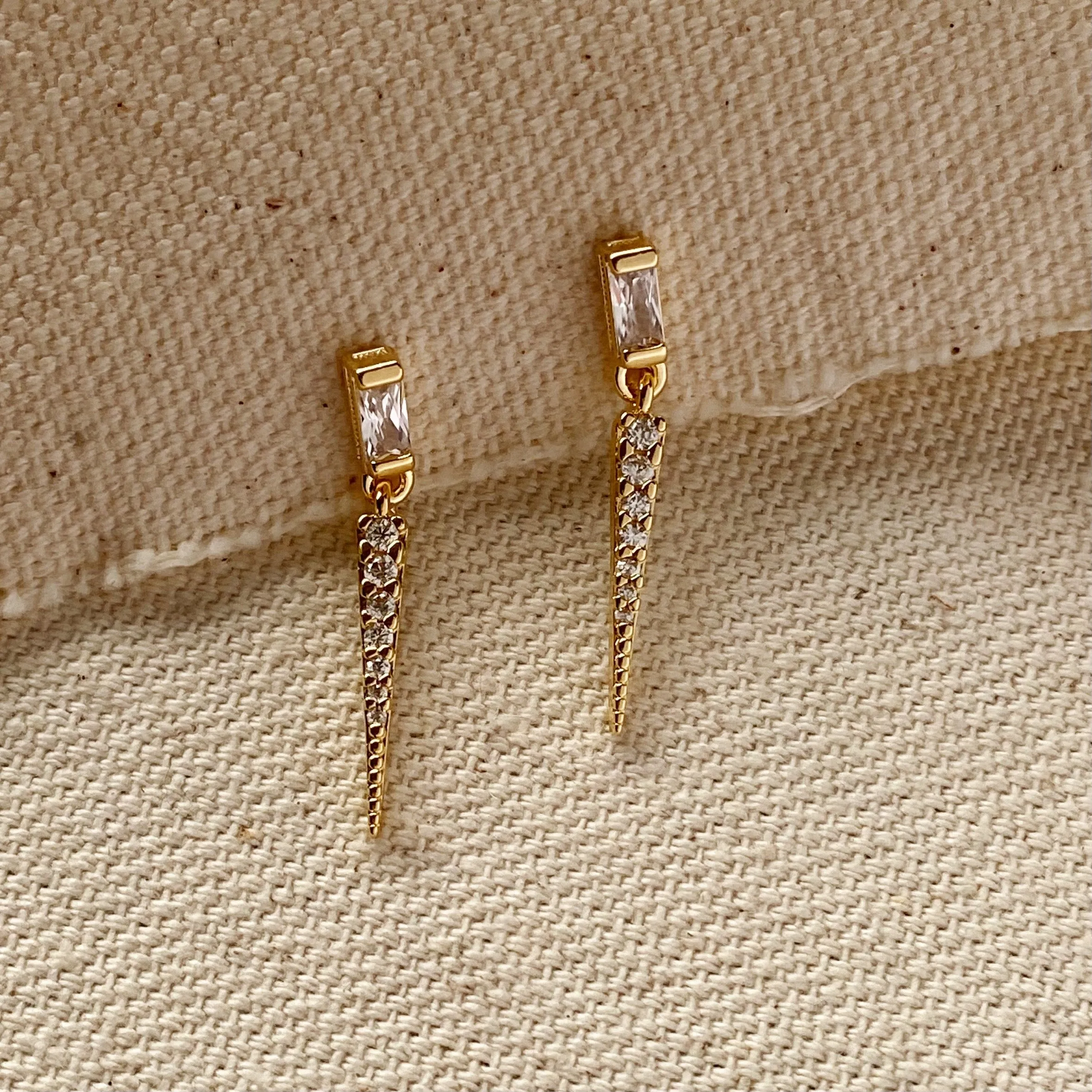 18k Gold Filled Earrings Featuring Baguette Cubic Zircon With Spike Drop