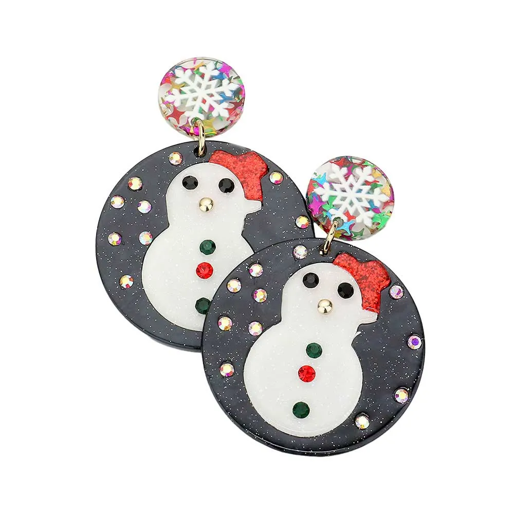 Acetate Christmas Snowman Accented Circle Dangle Earrings