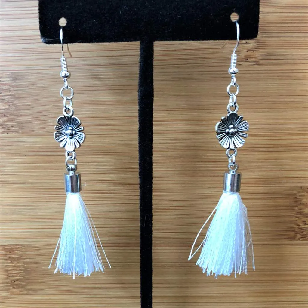 Antique Silver Flower with White Tassel Dangle Earrings