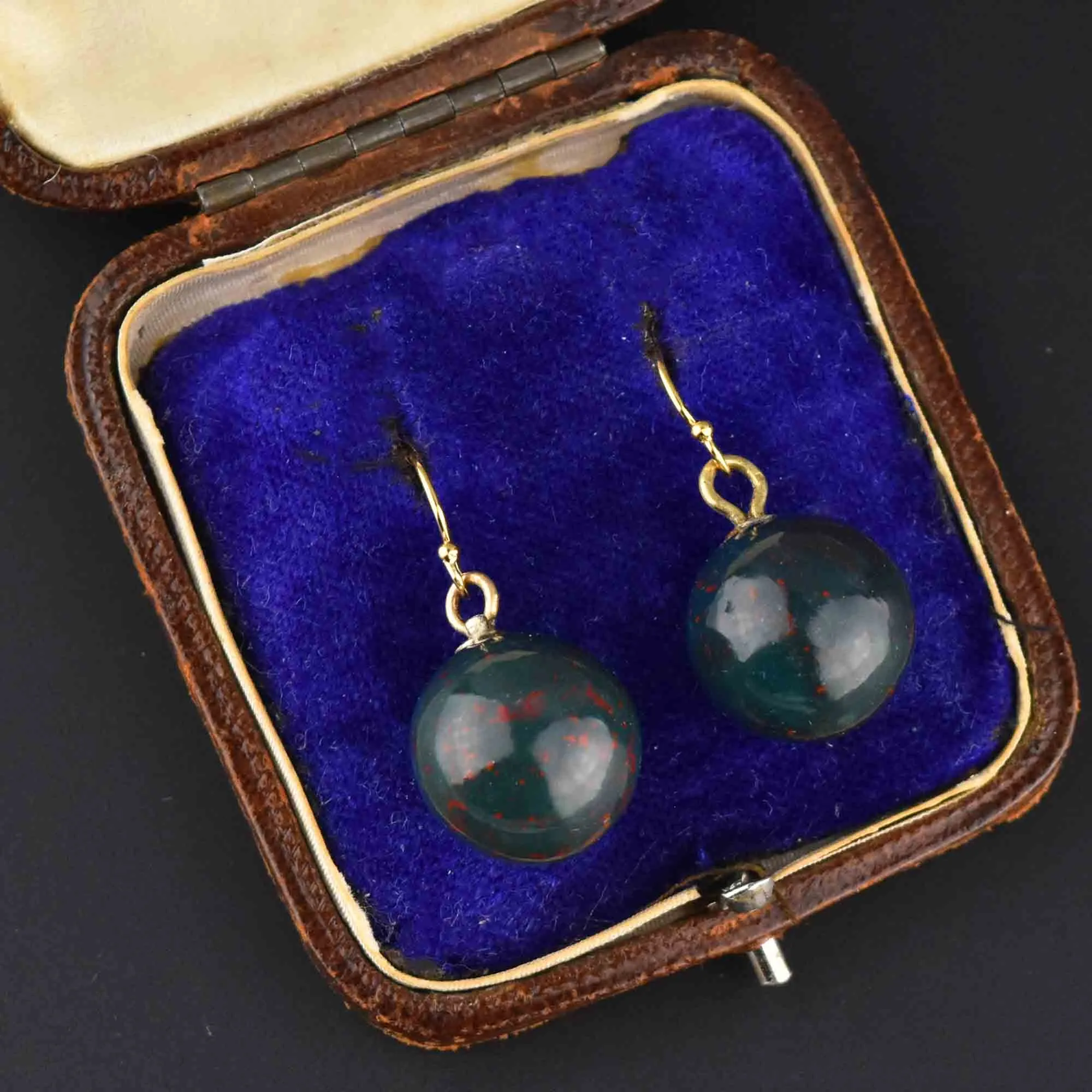 Antique Victorian Bloodstone Ball Dangle Drop Earrings