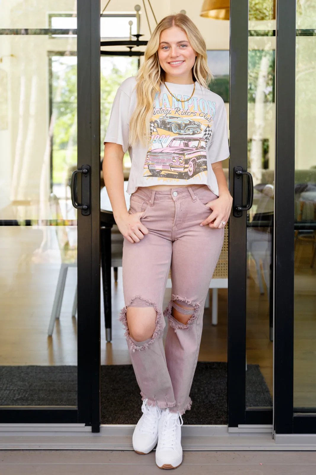 Babs High Rise Distressed Straight Jeans in Mauve- USE CODE SPRING24 for 40% OFF!!!!