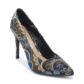 Black Brocade Print Pointed Court Shoes