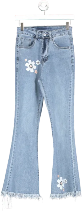 Blue Frayed Hem Flared Flower Detail Jeans UK S