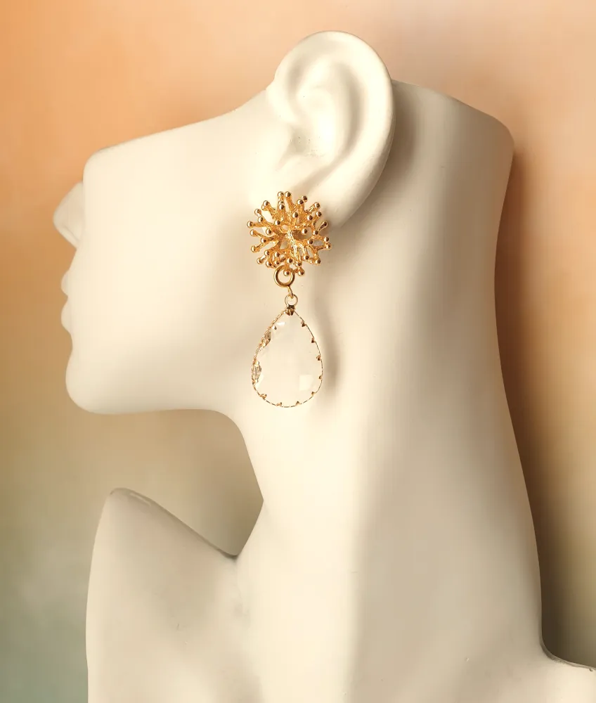 Branch Coral Brass Stud with Clear Glass Detachable Dangles