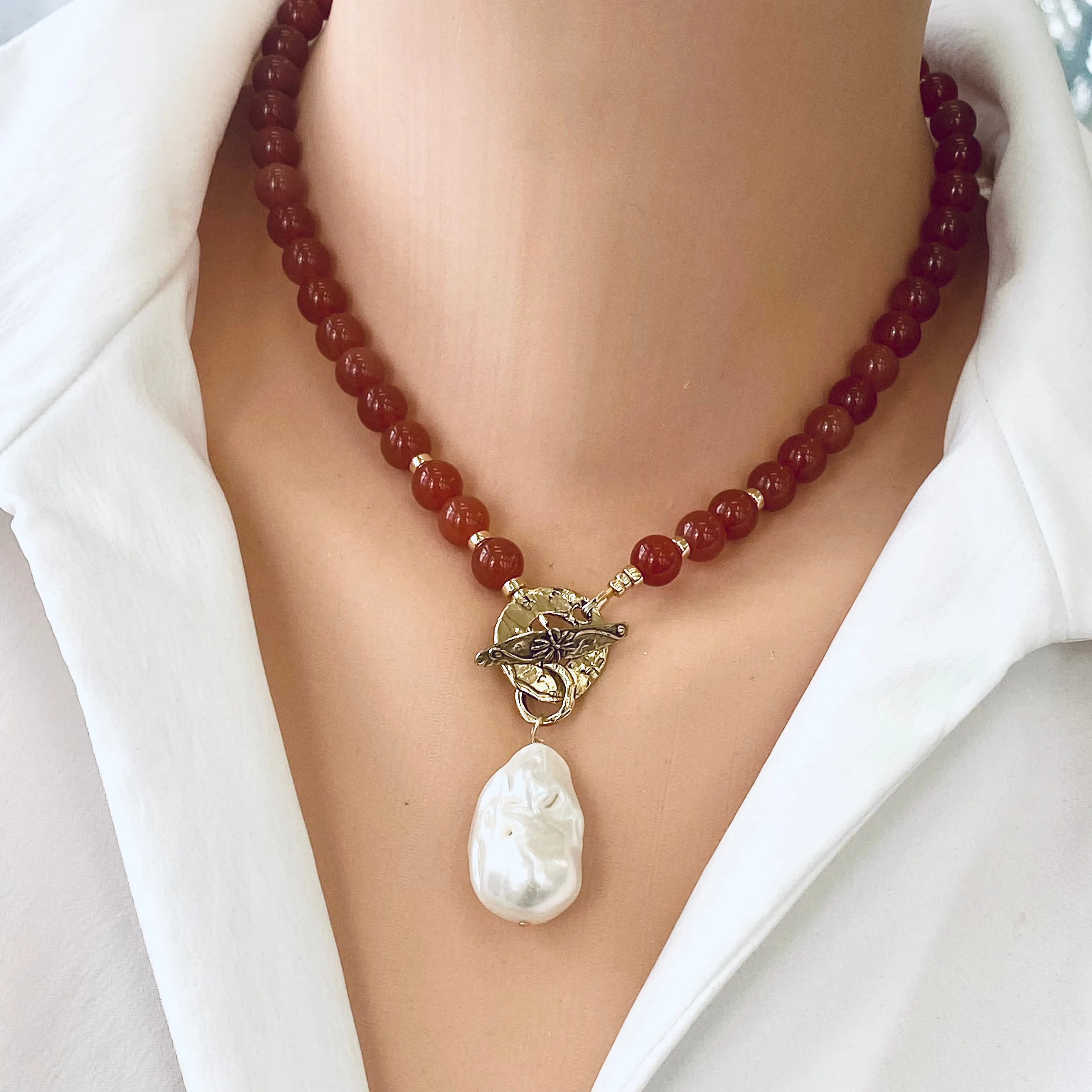 Burnt Orange Carnelian Necklace & Baroque Pearl Pendant, Gold Bronze Toggle Clasp, 17in