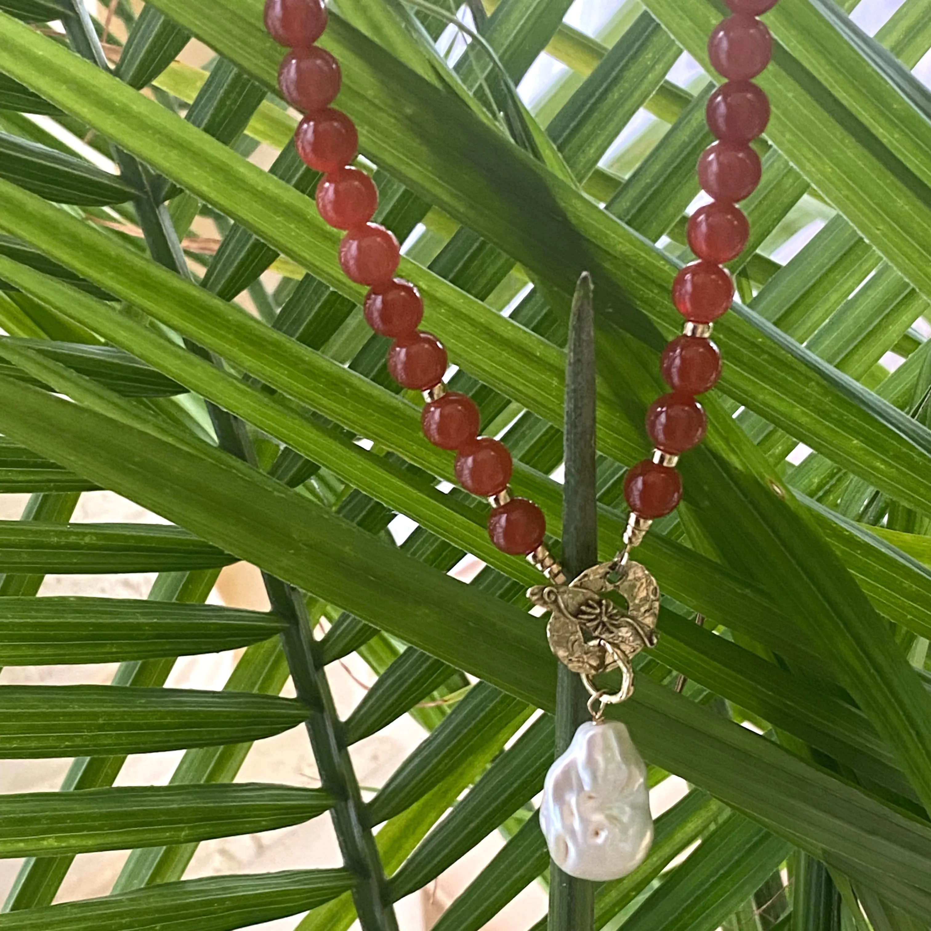 Burnt Orange Carnelian Necklace & Baroque Pearl Pendant, Gold Bronze Toggle Clasp, 17in