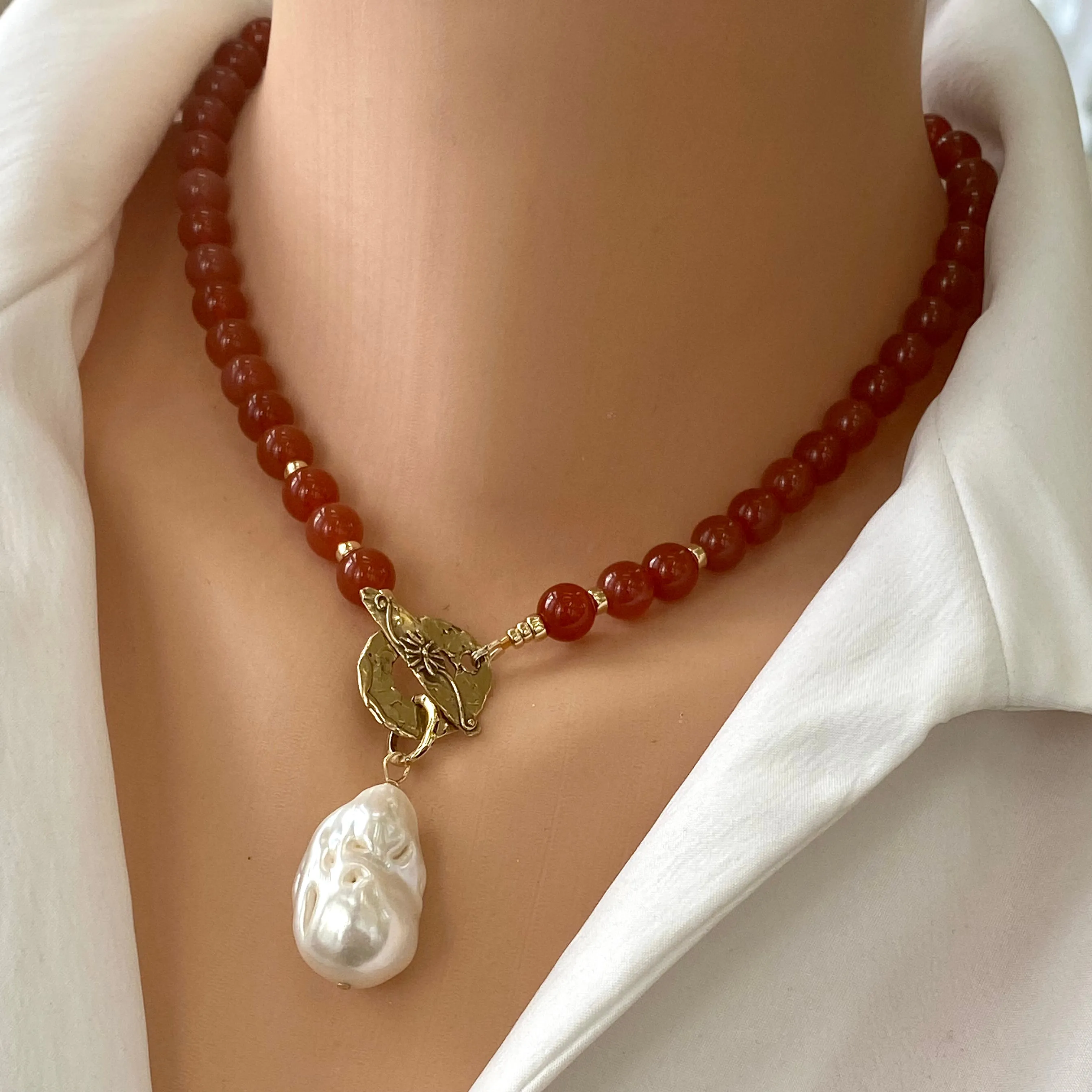 Burnt Orange Carnelian Necklace & Baroque Pearl Pendant, Gold Bronze Toggle Clasp, 17in