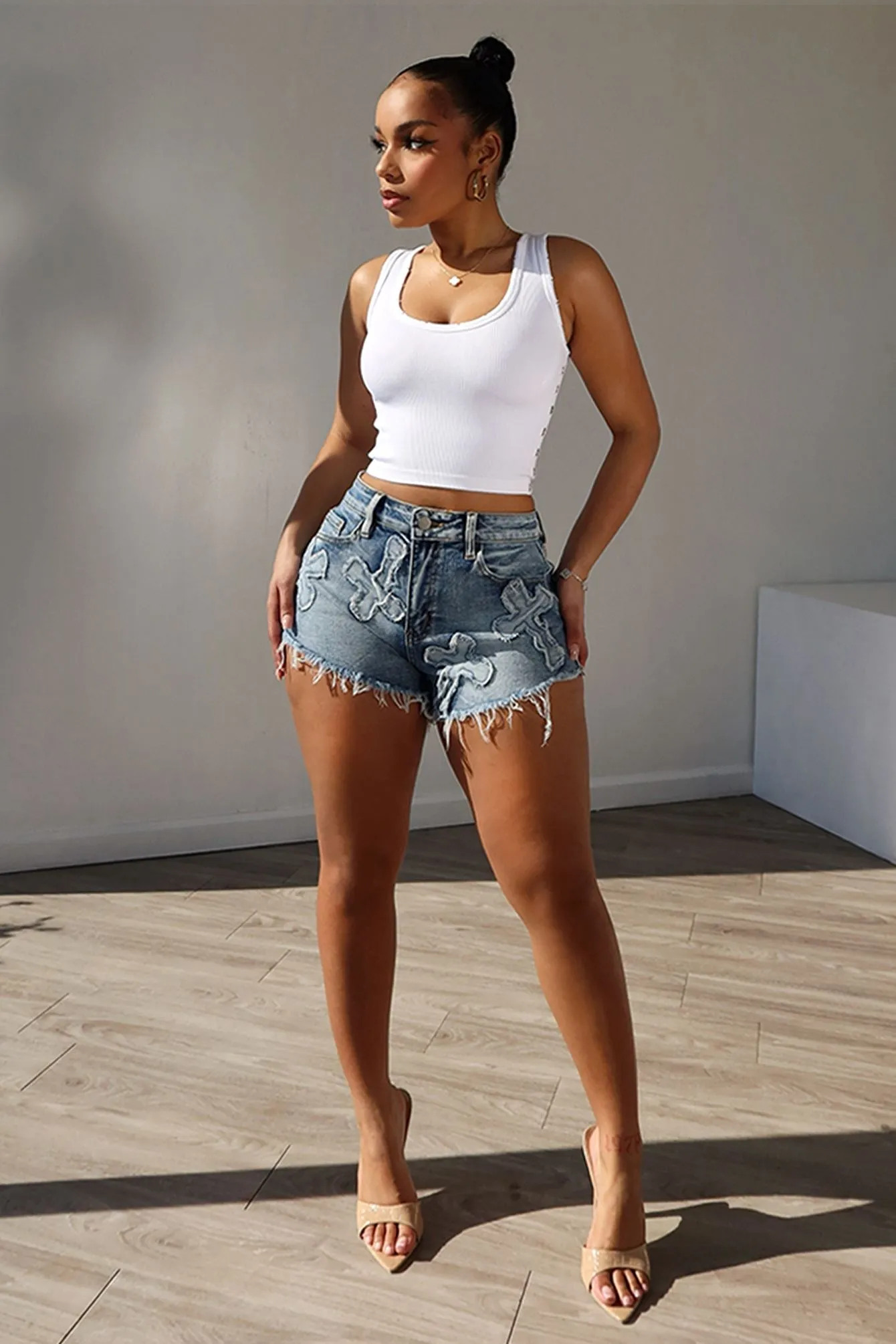 Cross Your Mind Patched Denim Shorts