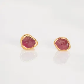 Dainty Raw Ruby Stud Earrings in Yellow Gold