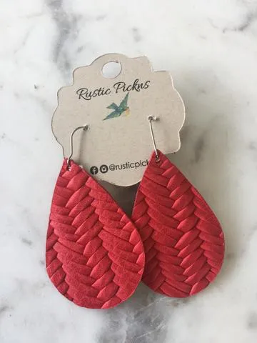 Dorothy Red Fishtail Braided Italian Leather Teardrop Earrings