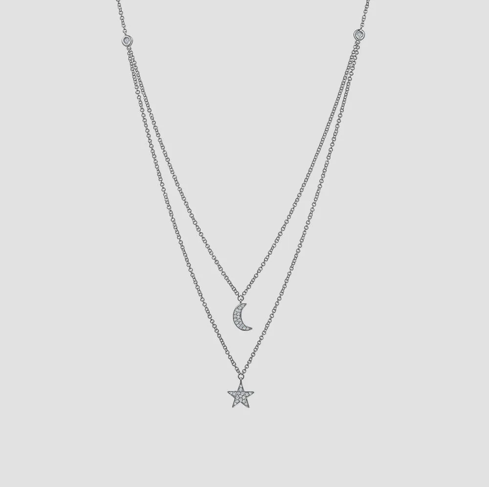 Double Layered Diamond StarMoon Necklace