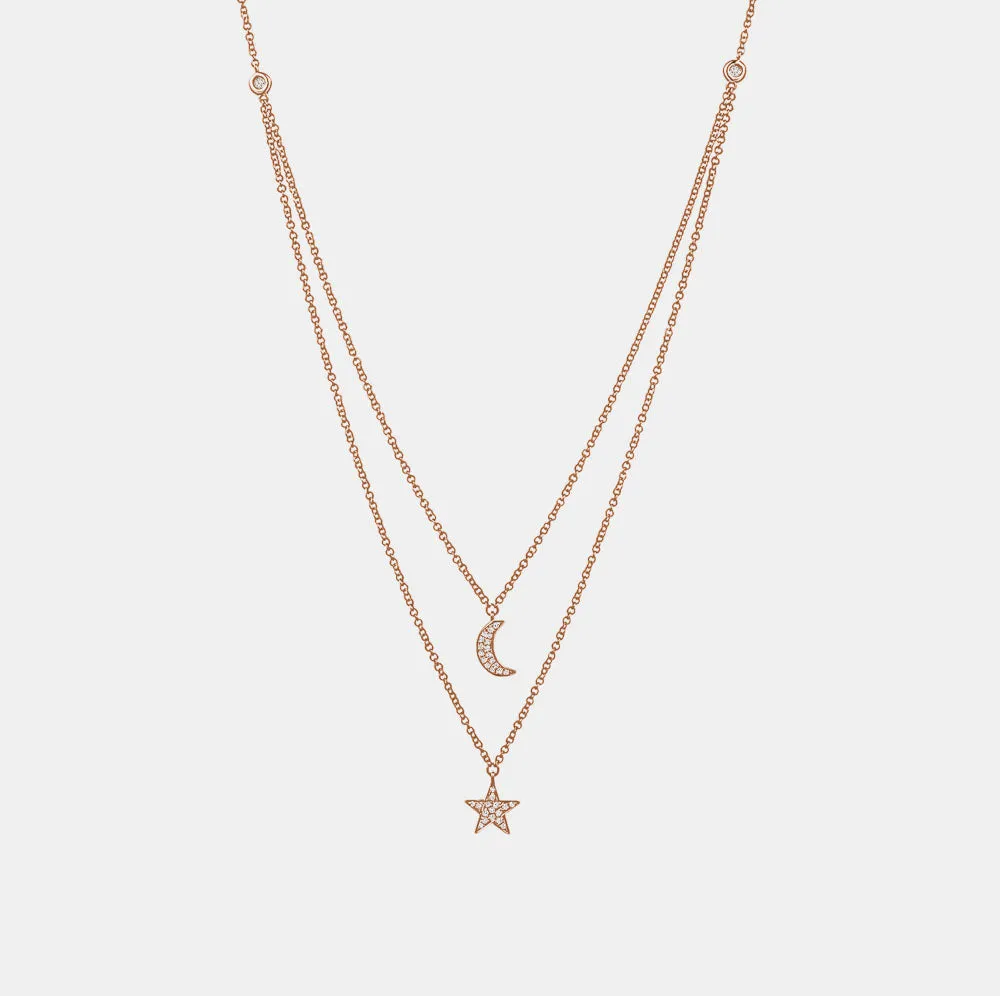 Double Layered Diamond StarMoon Necklace