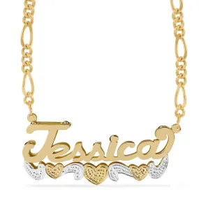 Double Name Necklace w/Beading-Rhodium with Figaro chain