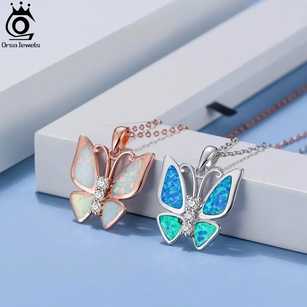 Fire Opal Butterfly Pendant 925 Sterling Silver Necklace