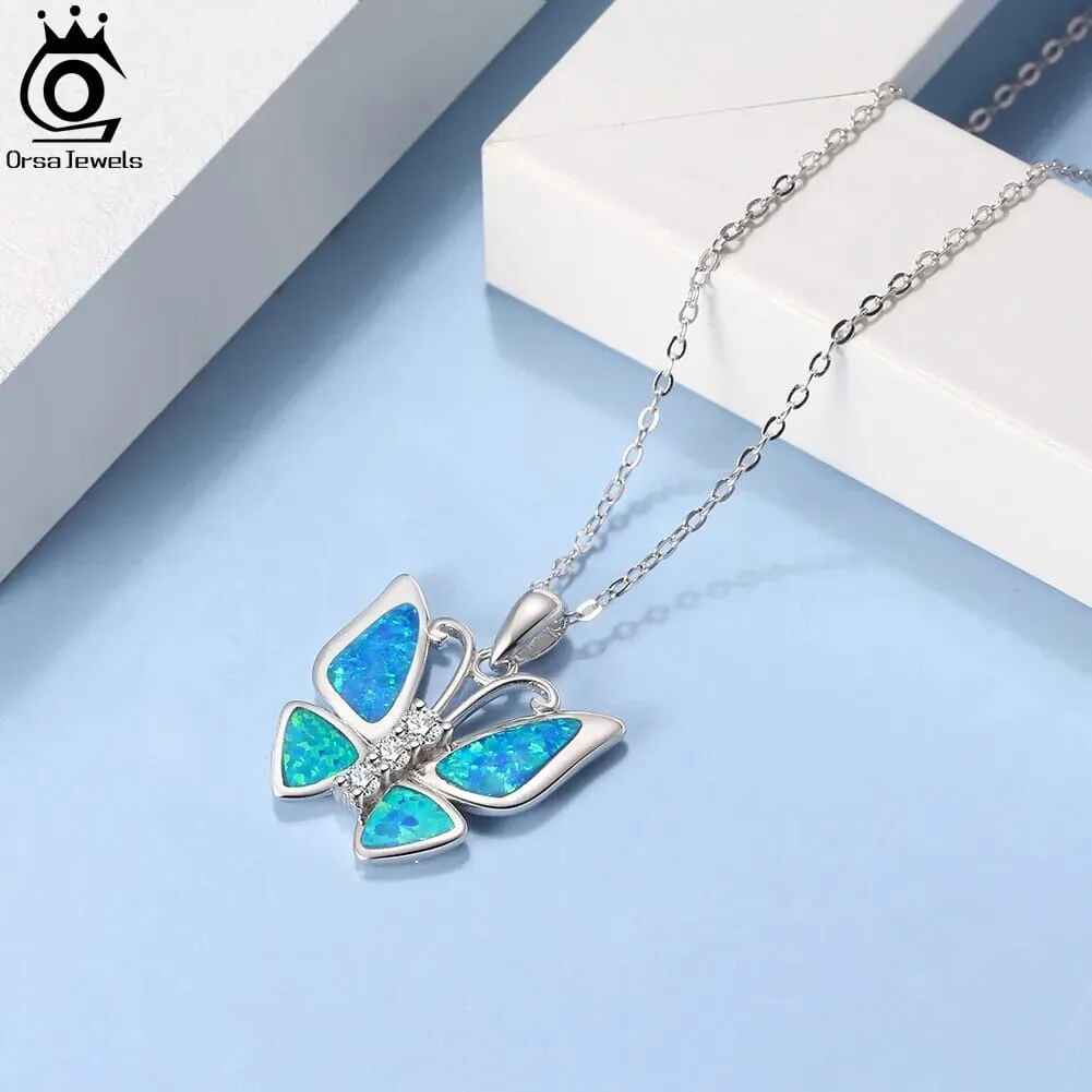 Fire Opal Butterfly Pendant 925 Sterling Silver Necklace