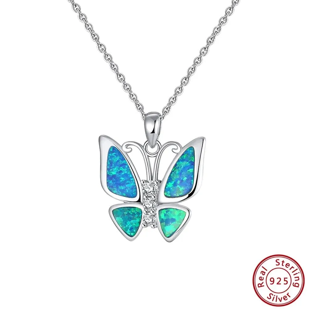 Fire Opal Butterfly Pendant 925 Sterling Silver Necklace