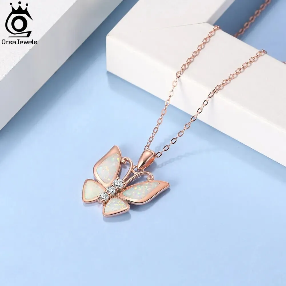 Fire Opal Butterfly Pendant 925 Sterling Silver Necklace