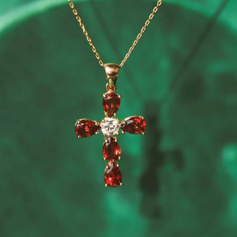 Garnet Cross Necklace | 14K Solid Gold