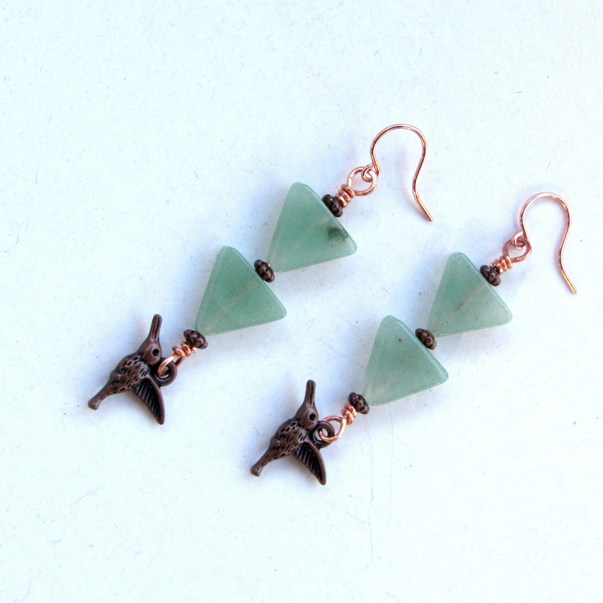 Green Aventurine gemstone  Copper Hummingbird Drop Earrings