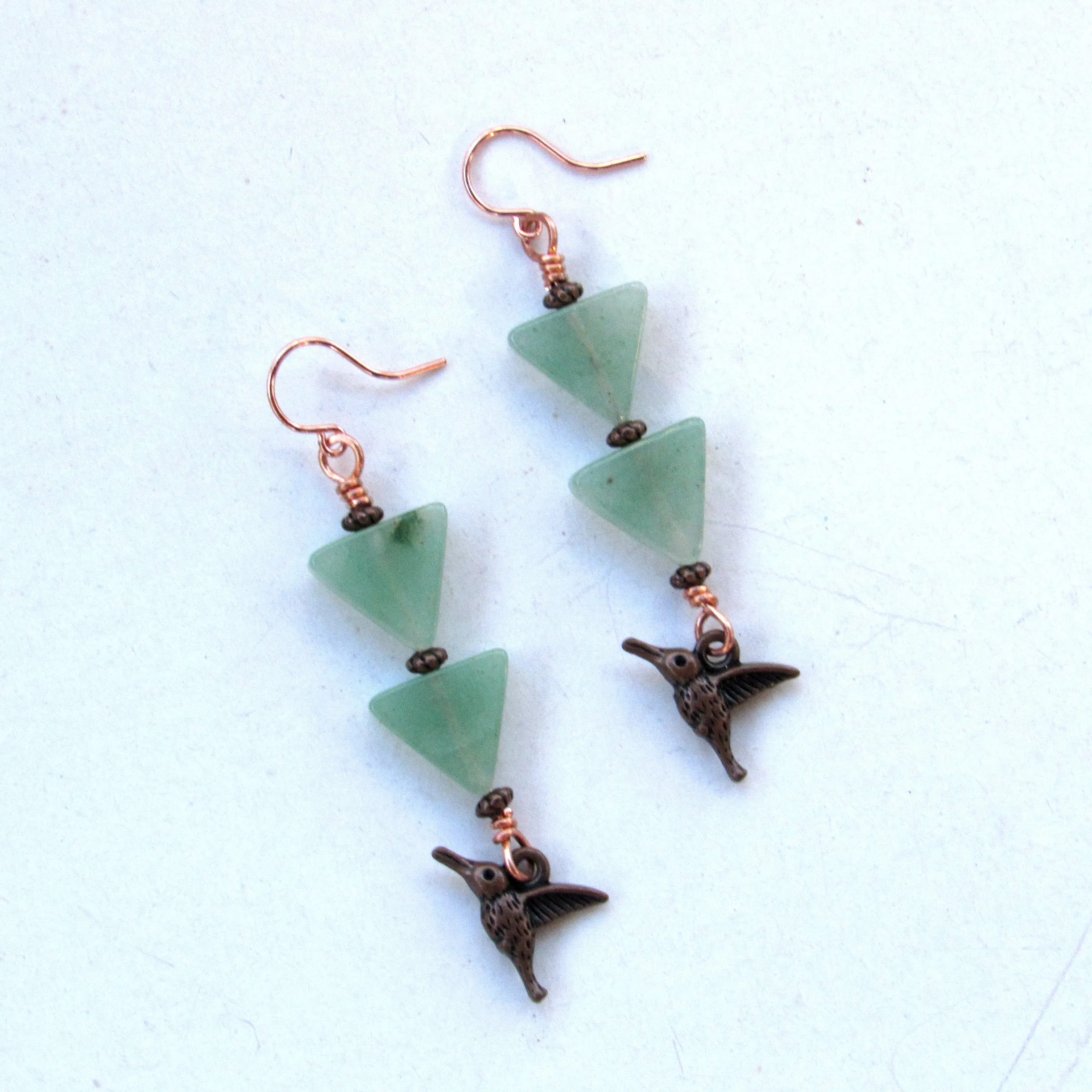 Green Aventurine gemstone  Copper Hummingbird Drop Earrings