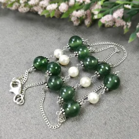 Green SERPENTINE & White PEARL Gemstones Beads Chain NECKLACE : 925 Sterling Silver Natural Round Cabochon 17" Statement Necklace