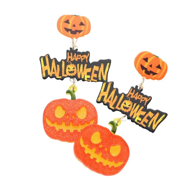 Happy Halloween Message Glittered Resin Pumpkin Earrings