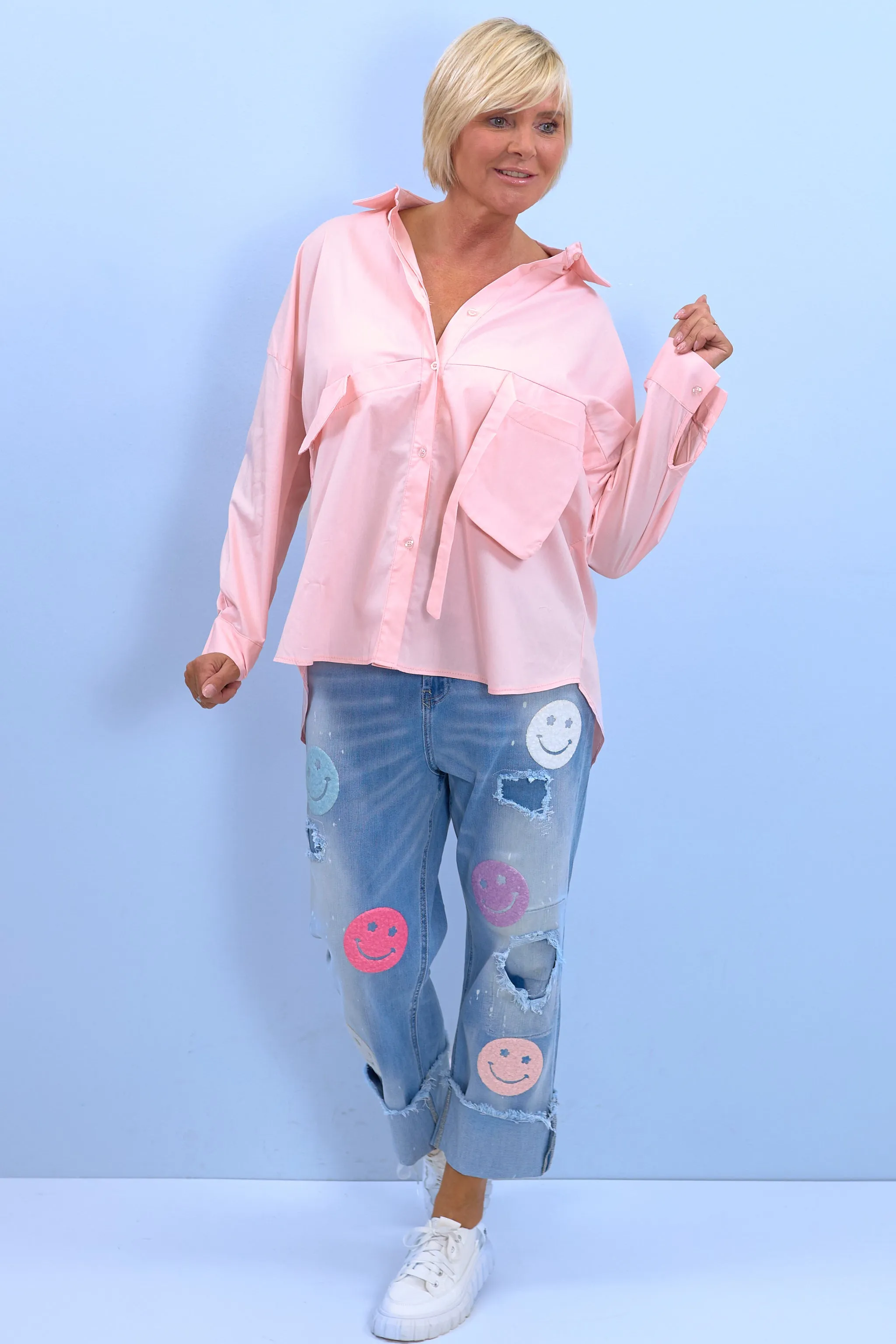 High Waist Jeans mit Smileys, denim-blue