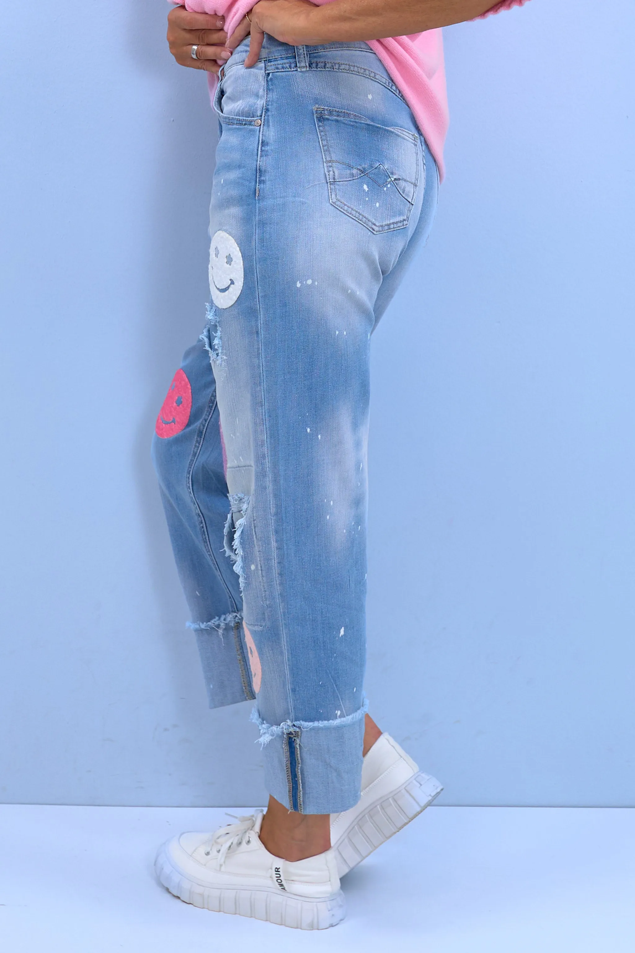 High Waist Jeans mit Smileys, denim-blue