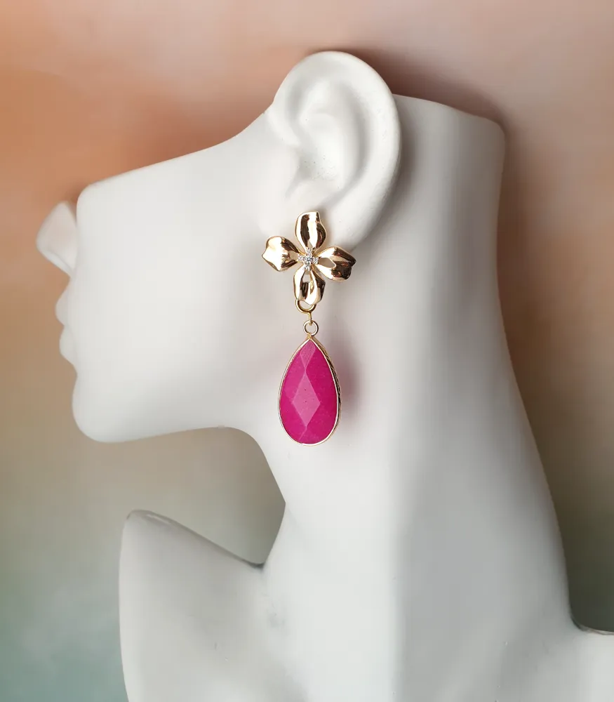 Lunaria Flower Studs with Gemstone Detachable Dangles