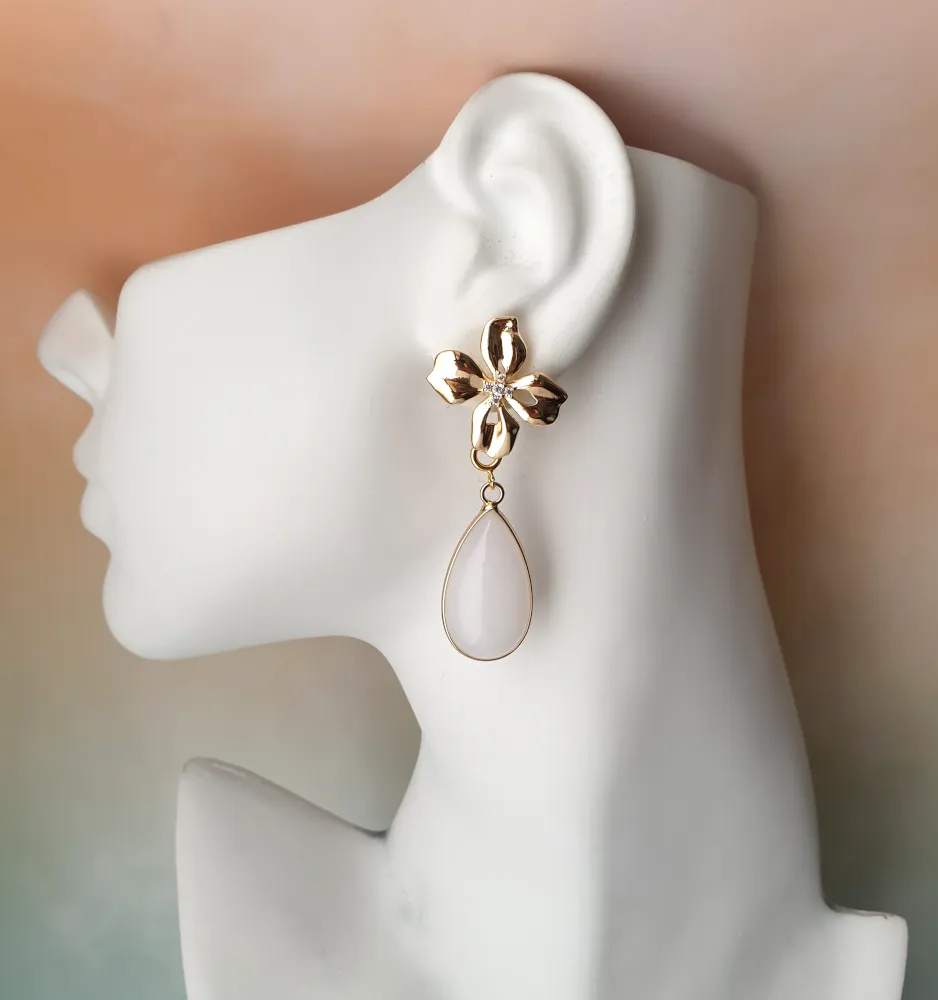 Lunaria Flower Studs with Gemstone Detachable Dangles