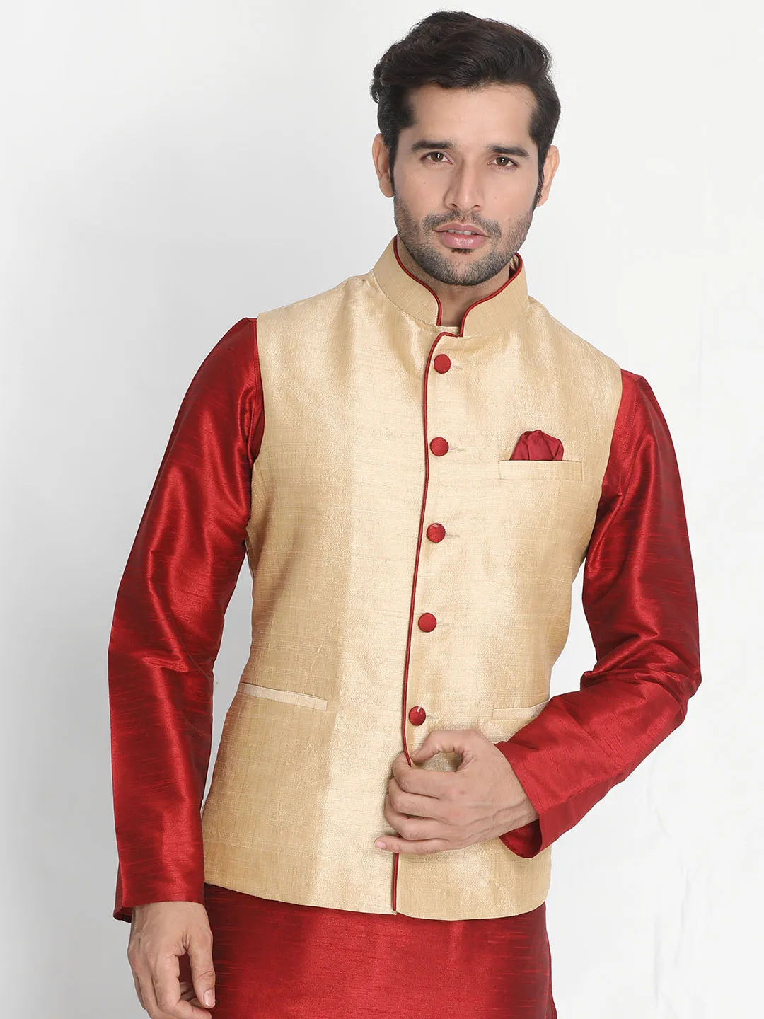 Men's Rose Gold Cotton Silk Blend Ethnic Jacket