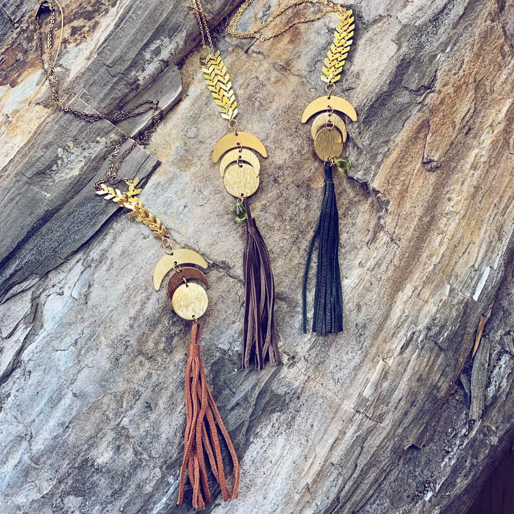 moon beam // moon phases, full moon, tassel & beach glass drop pendant necklace