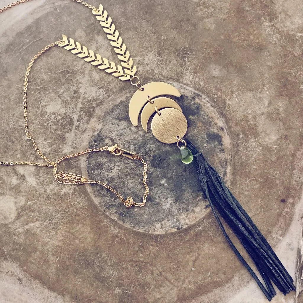 moon beam // moon phases, full moon, tassel & beach glass drop pendant necklace