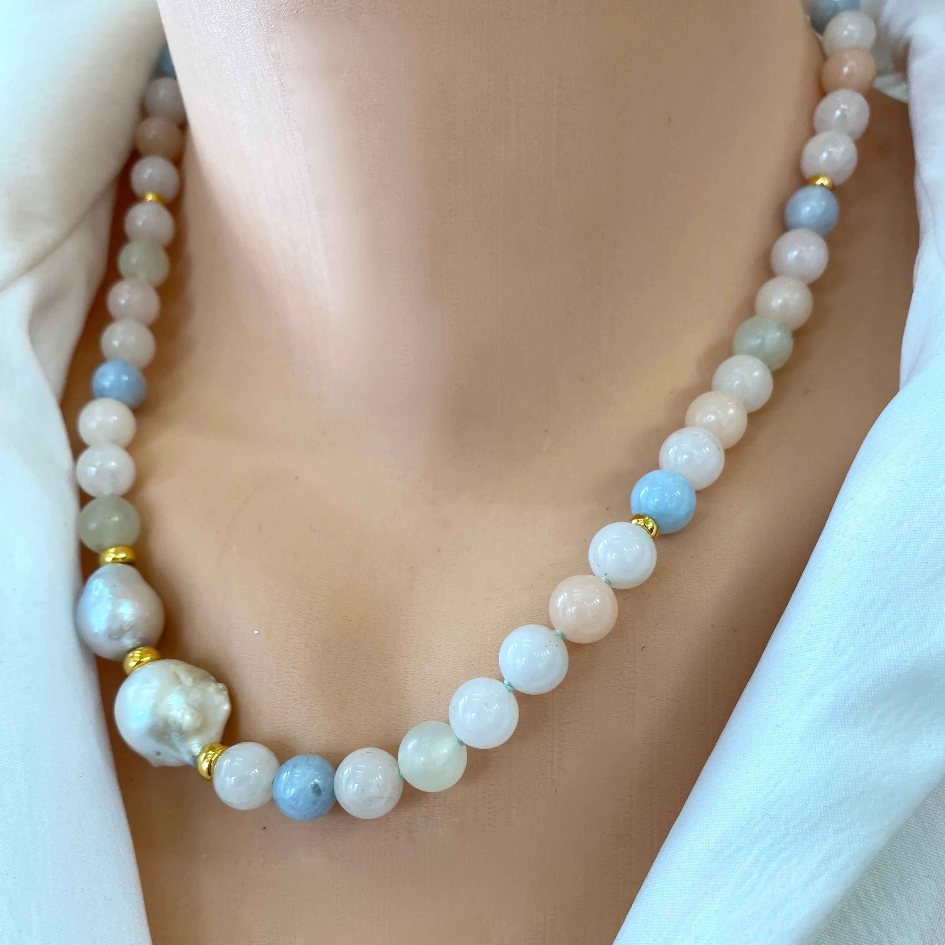 Morganite, Aquamarine & Baroque Pearl Beaded Necklace, Vermeil Details, 19.5in