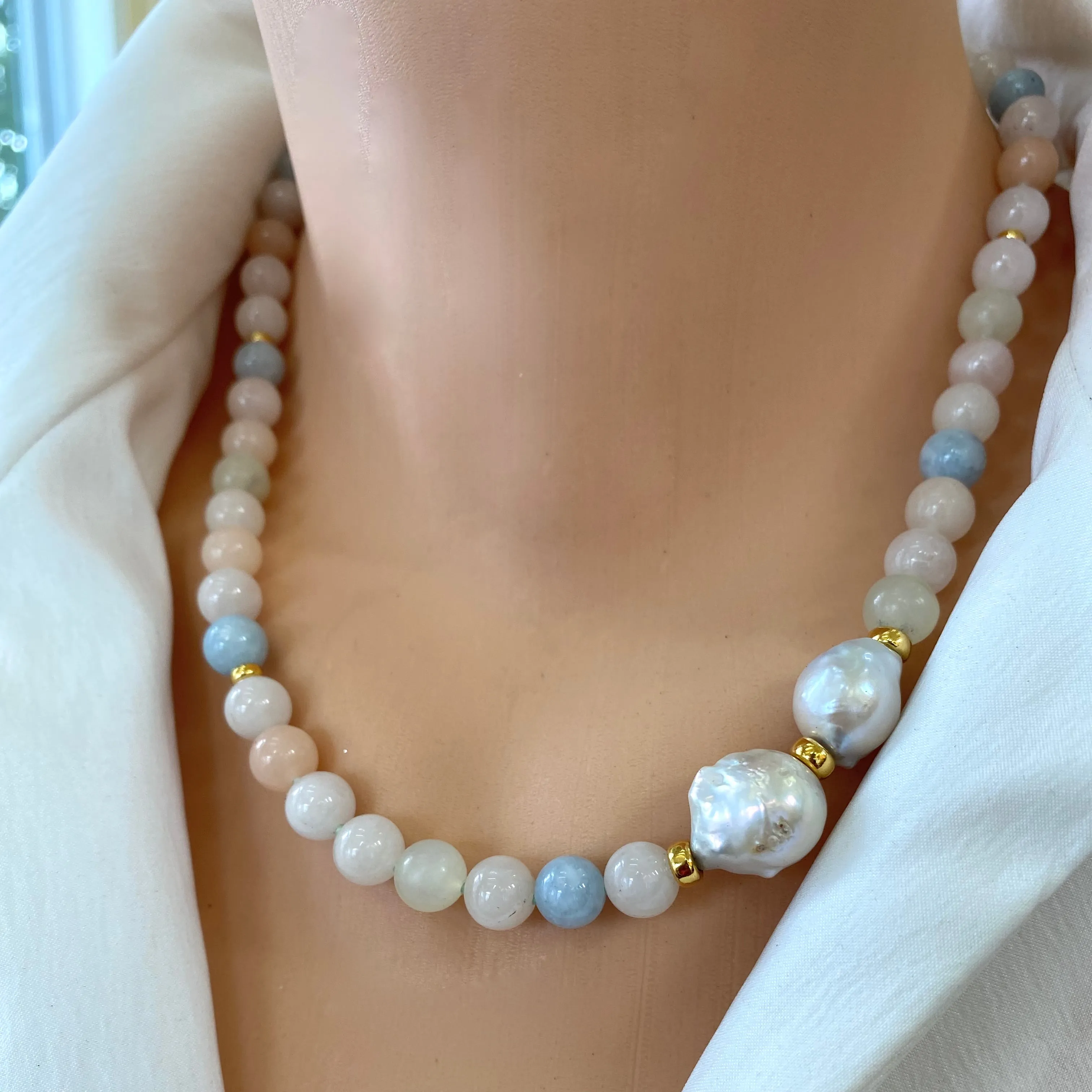 Morganite, Aquamarine & Baroque Pearl Beaded Necklace, Vermeil Details, 19.5in