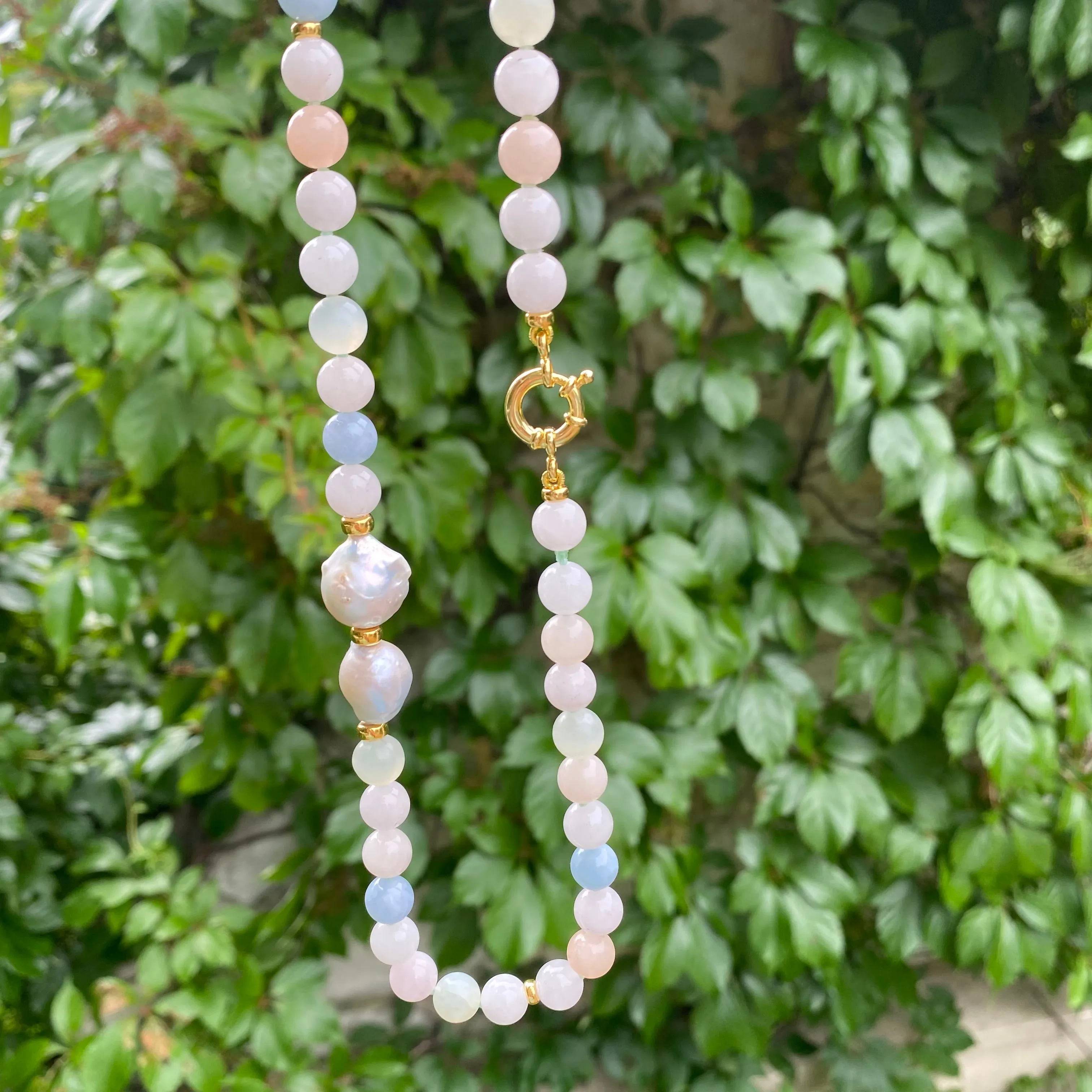 Morganite, Aquamarine & Baroque Pearl Beaded Necklace, Vermeil Details, 19.5in