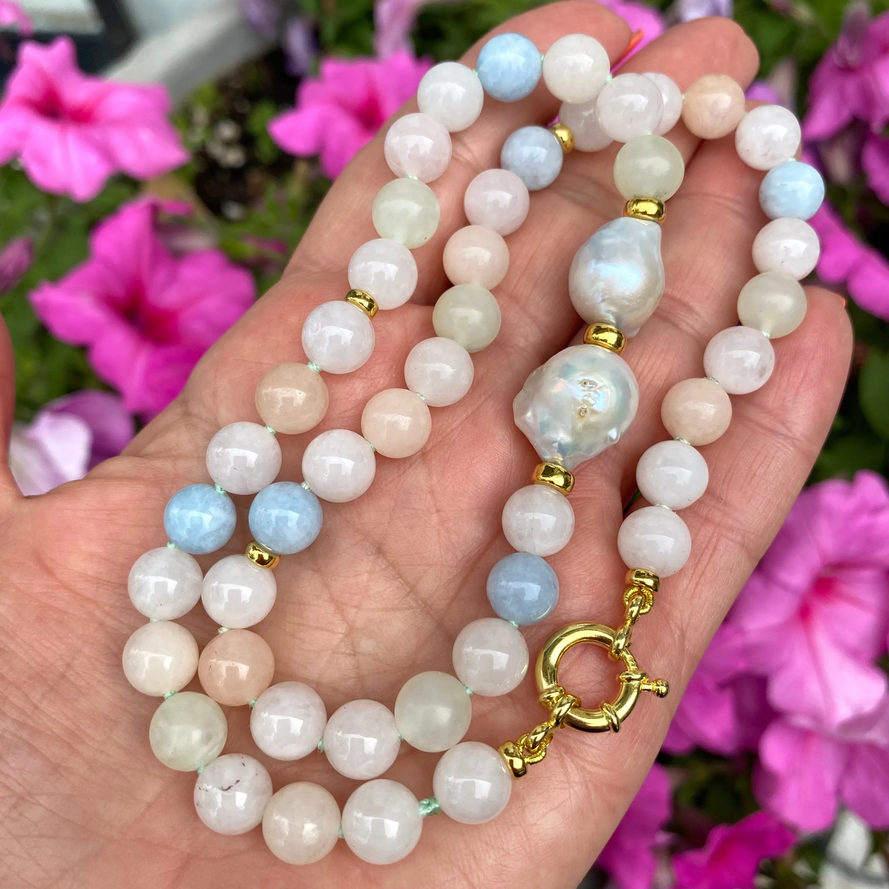 Morganite, Aquamarine & Baroque Pearl Beaded Necklace, Vermeil Details, 19.5in