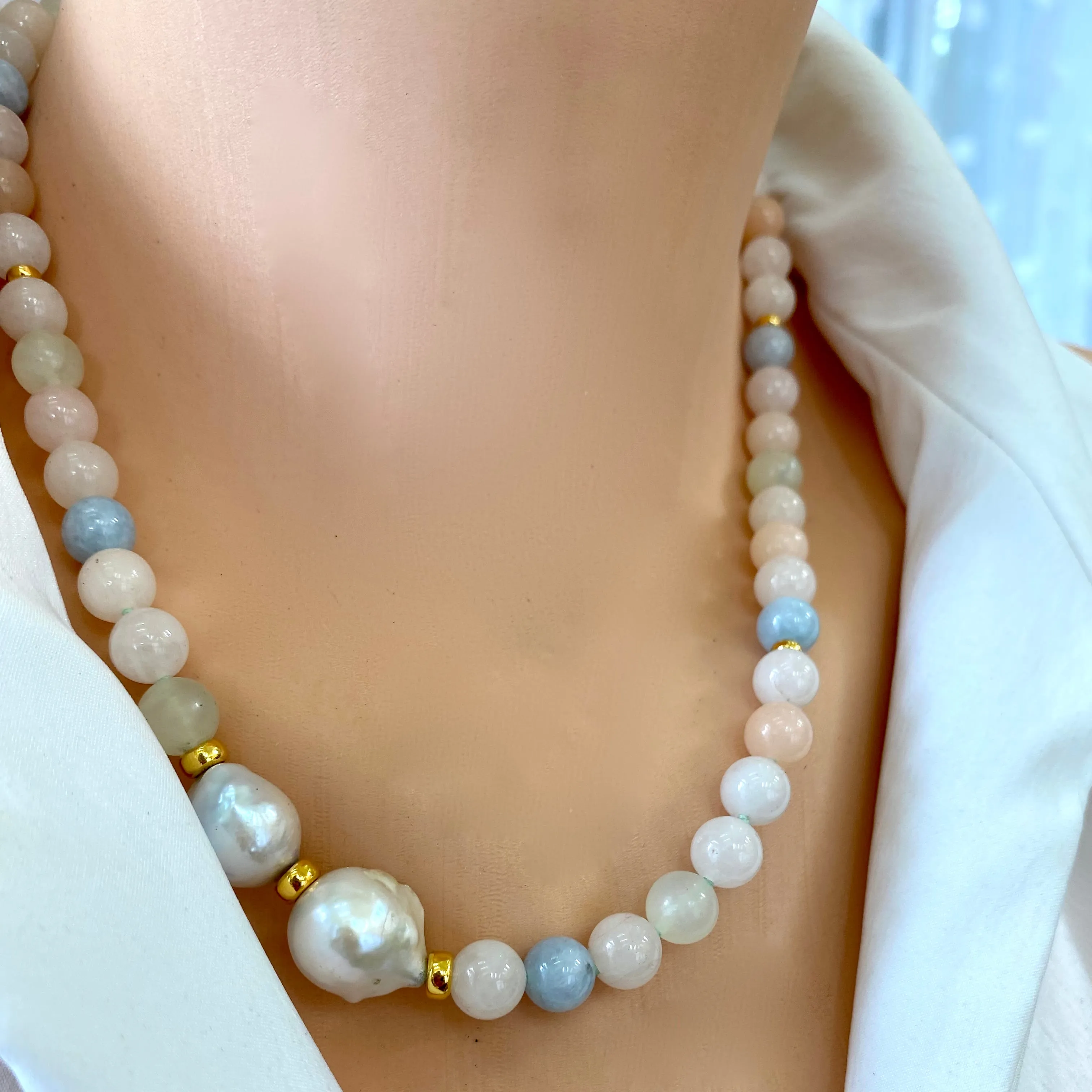 Morganite, Aquamarine & Baroque Pearl Beaded Necklace, Vermeil Details, 19.5in