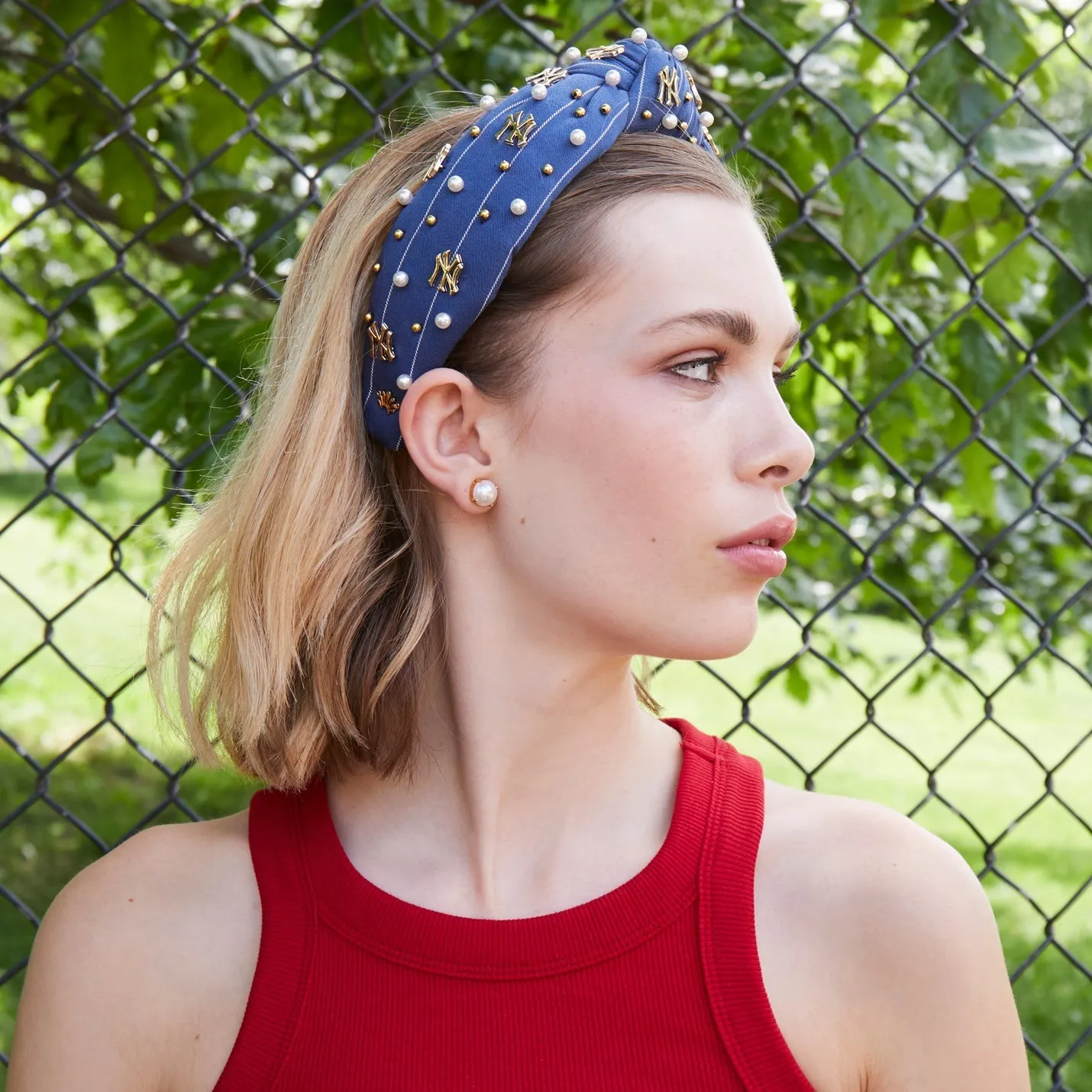 NAVY NY YANKEES EMBELLISHED KNOTTED HEADBAND