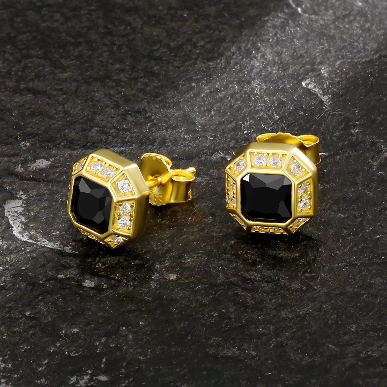 Octagon Black CZ Iced Stud Earrings for Men