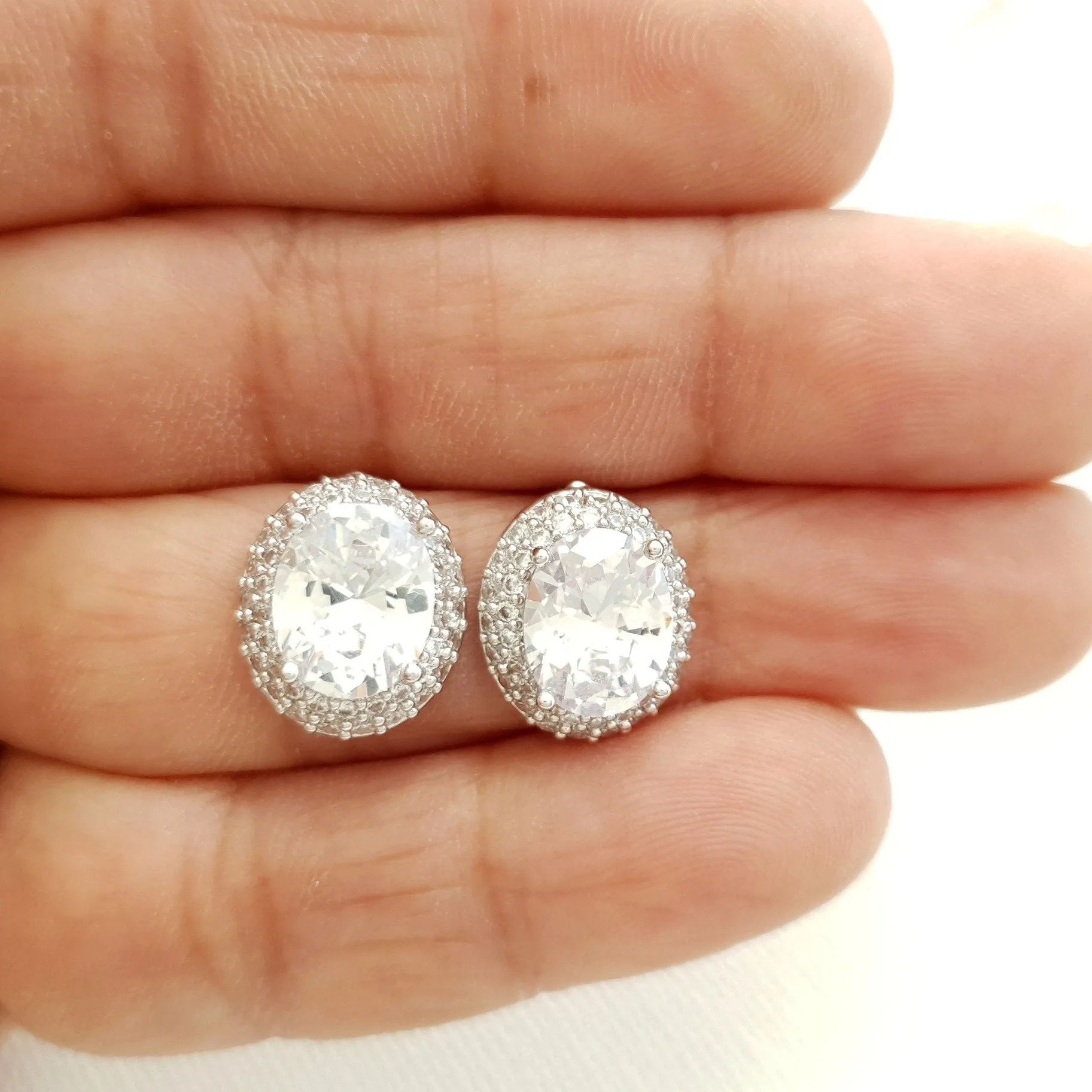 Oval Cubic Zirconia Wedding Stud Earrings- Emily