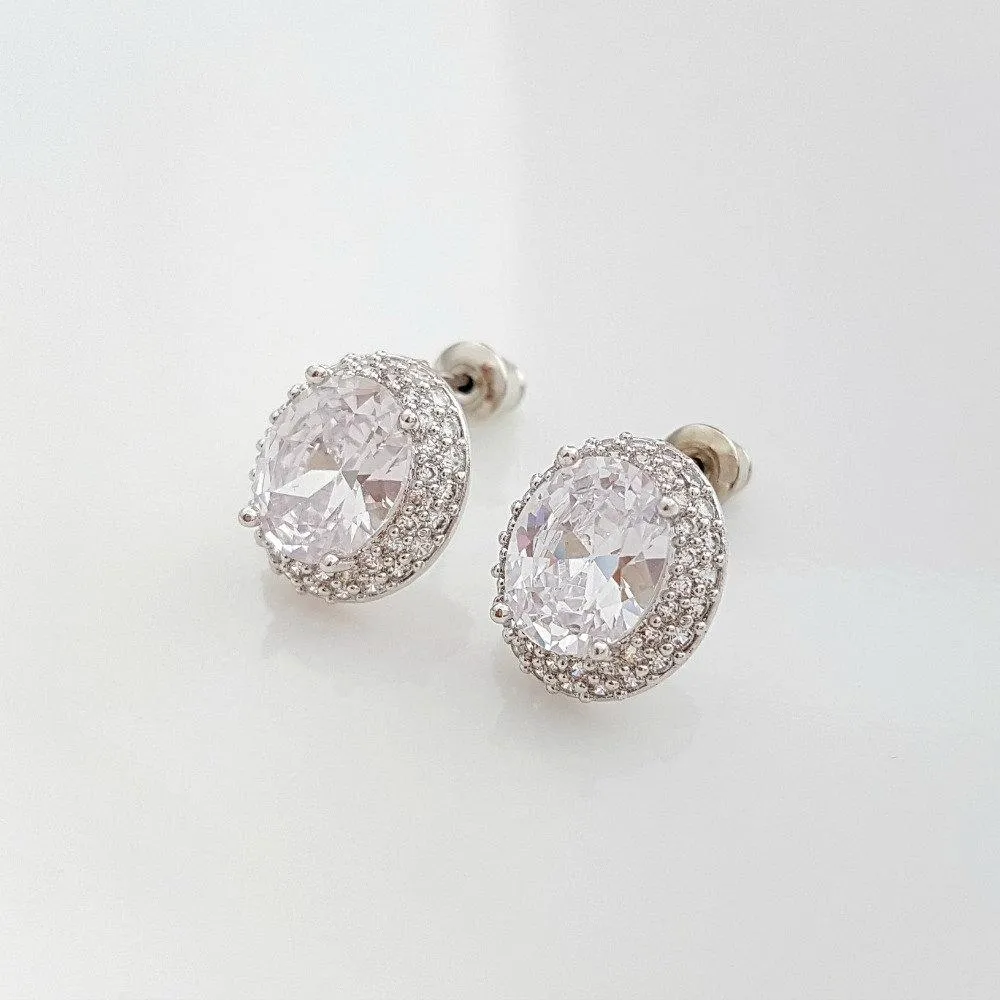 Oval Cubic Zirconia Wedding Stud Earrings- Emily