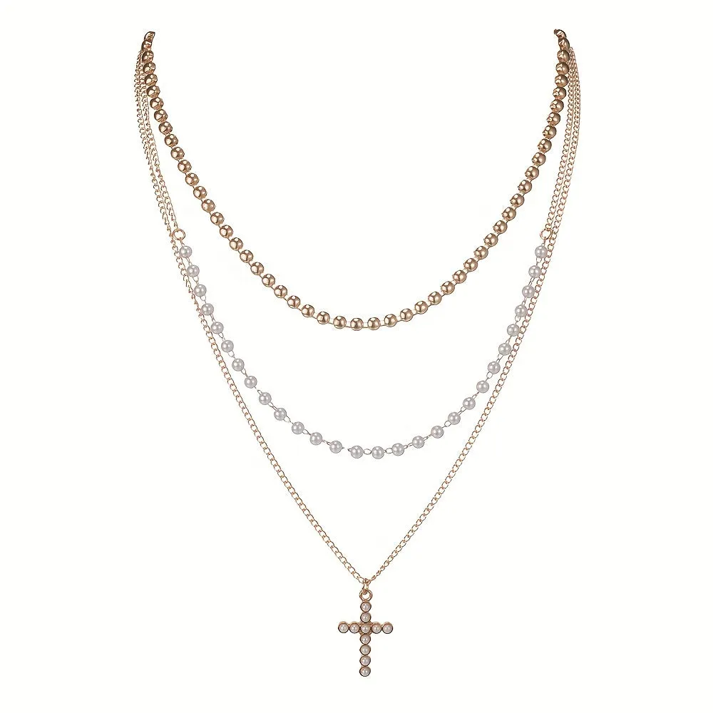 Punk Style Alloy Cross Pendant Multilayer Stacking Necklace Unisex Neck Jewelry For Women Girls