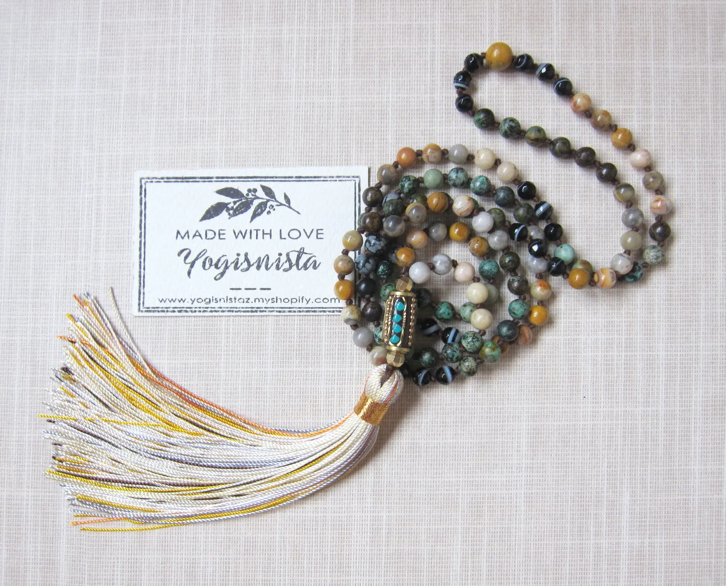 SALE - Bohemian African Turquoise Tibetan Guru Bead Tassel Necklace