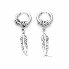 Stainless Steel Huggie Hoop Earrings with Drop Feather and Rings - Silver