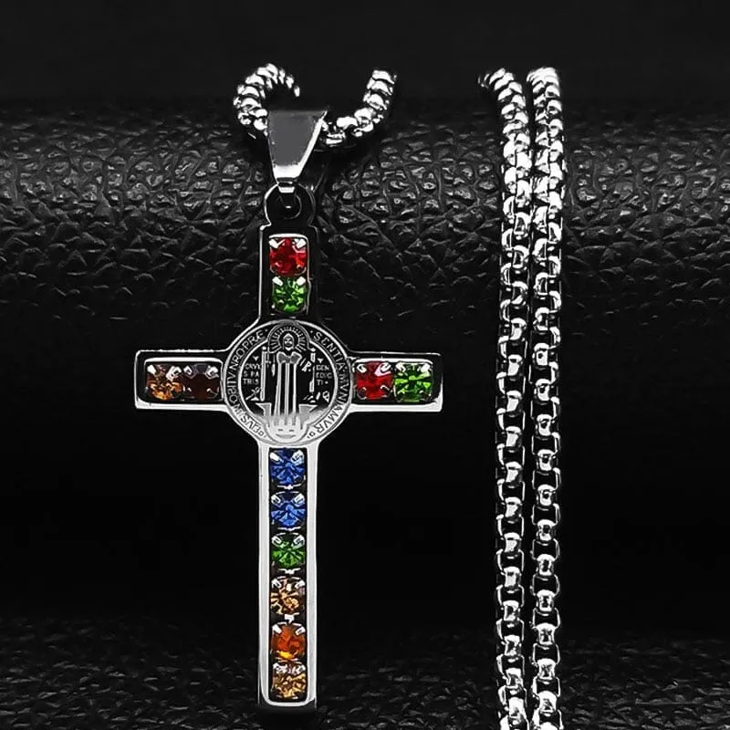 Stainless Steel Necklace WWJD Saint Benedict and Virgin Mary Pendant Necklaces